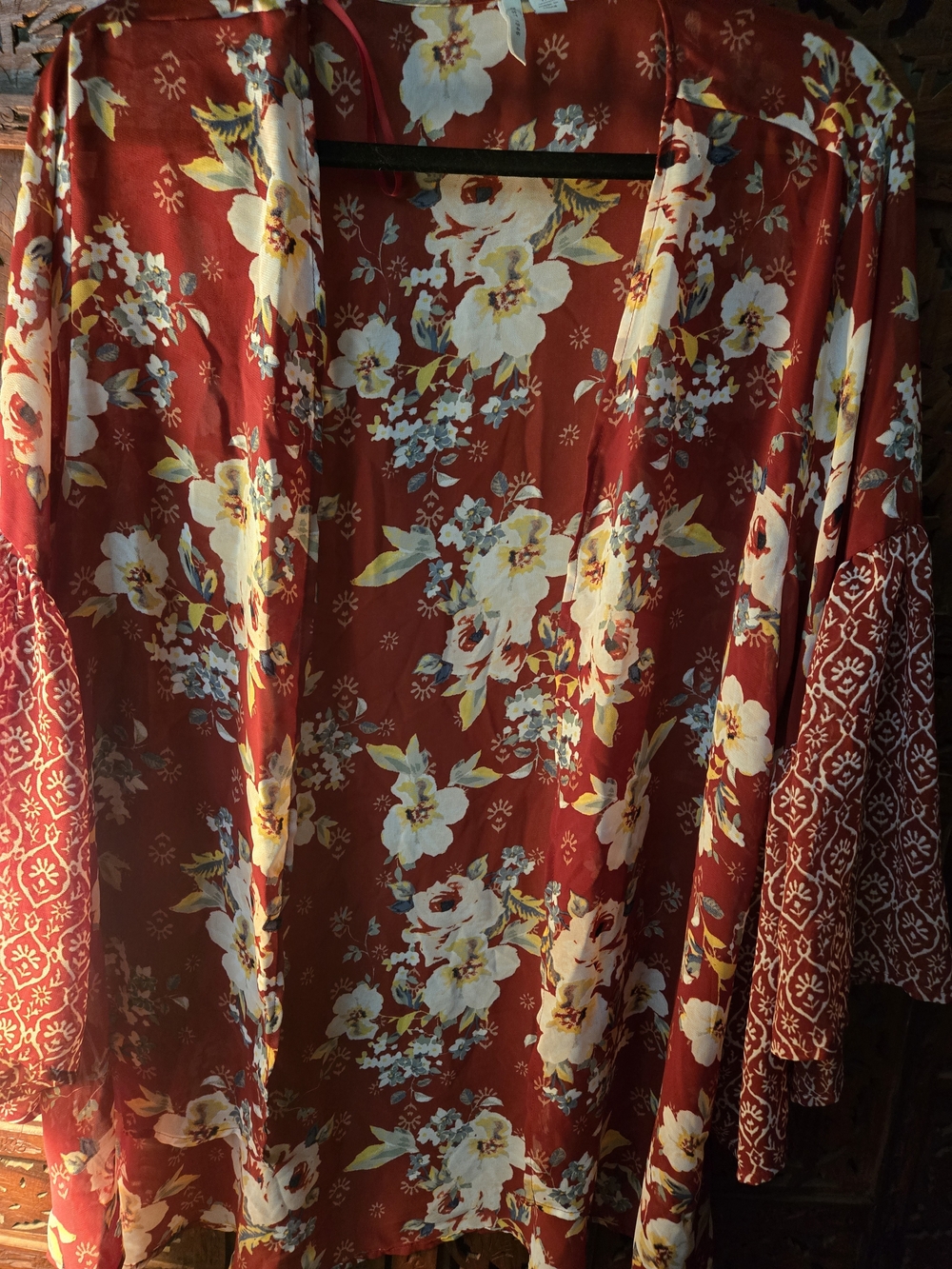 Floral Open-Front Kimono Cardigan - Red with Cream Flowers Lg Peasant Sleeves - Picture 5 of 8